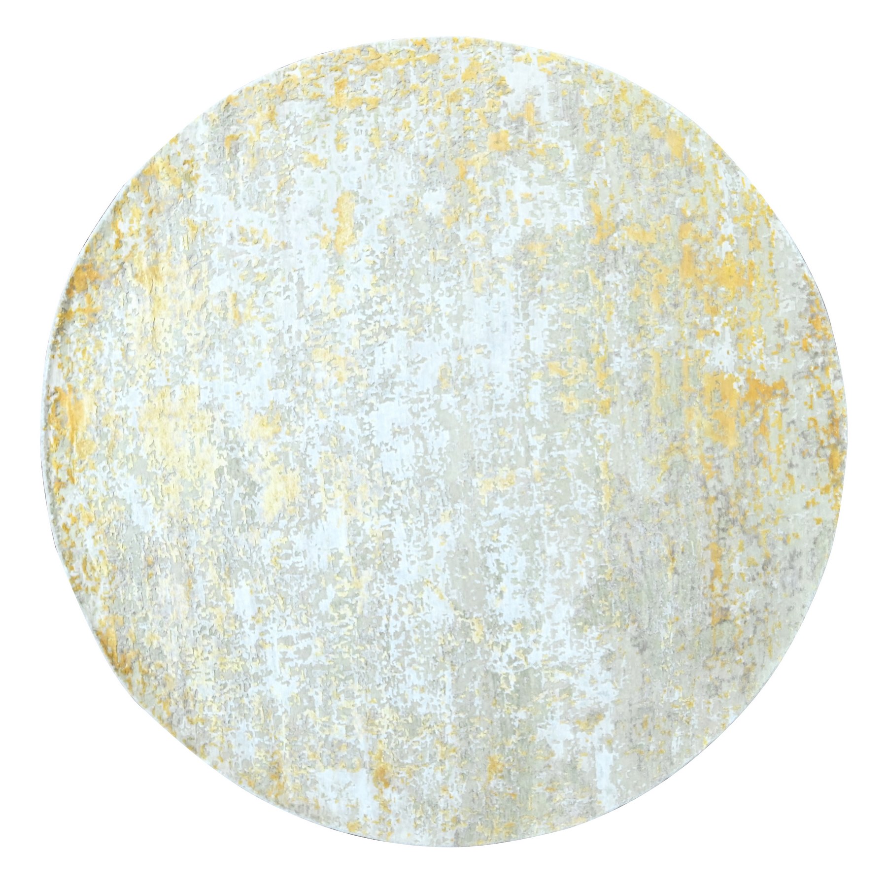 Beige with Gold, Abstract Design, Wool and Silk, Hi-Low Pile, Hand Knotted, Round, Oriental Rug